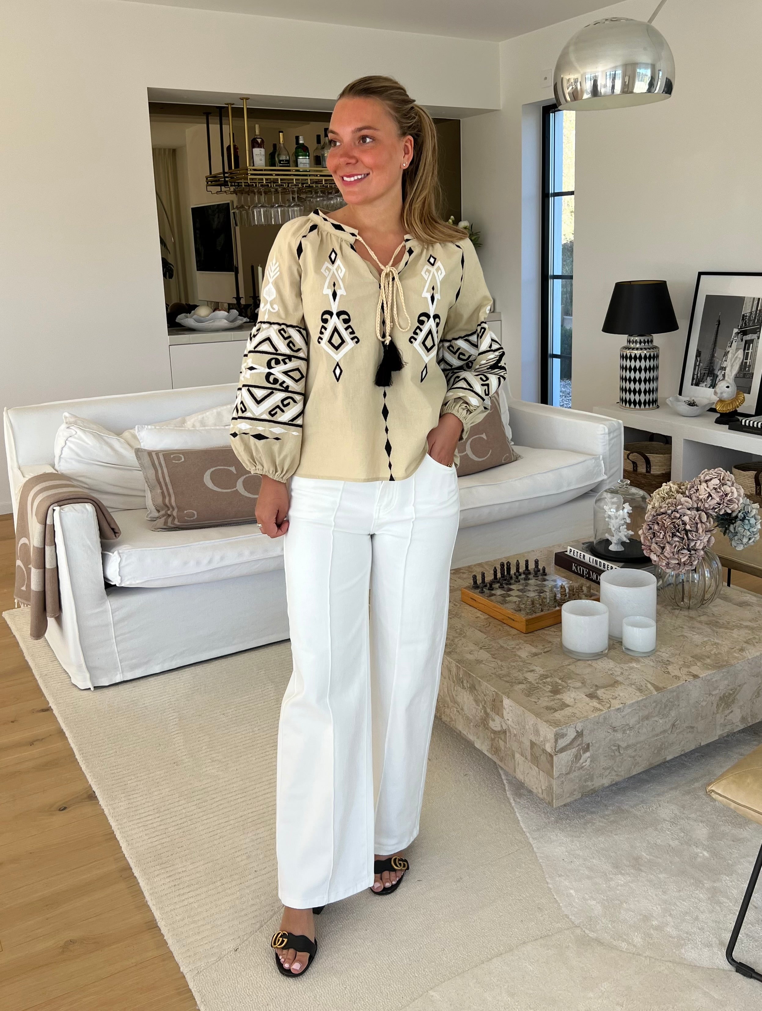 Marion Broderad Blus Beige
