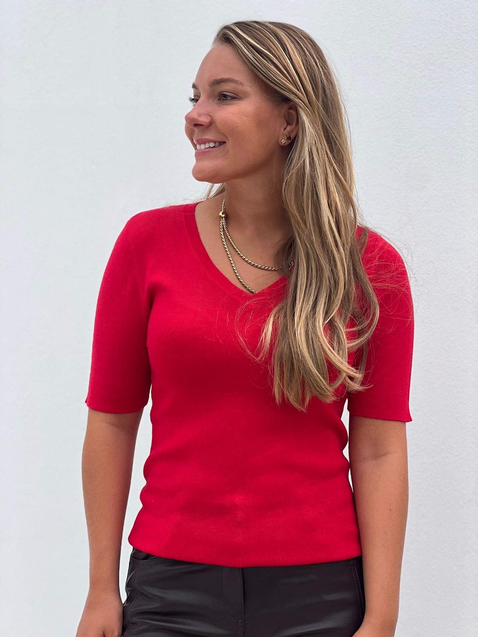 Elle Stickad T-shirt Kashmirmix Röd